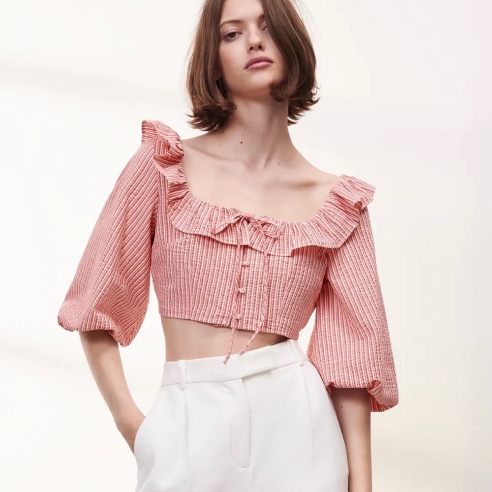 Zara Contrasting Striped Crop Top With Ruffles